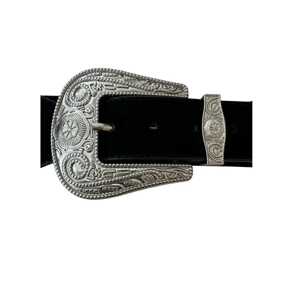 ASOS Belt Womens Small Médium Black West Silver Plated Buckle Cowgirl Elastic